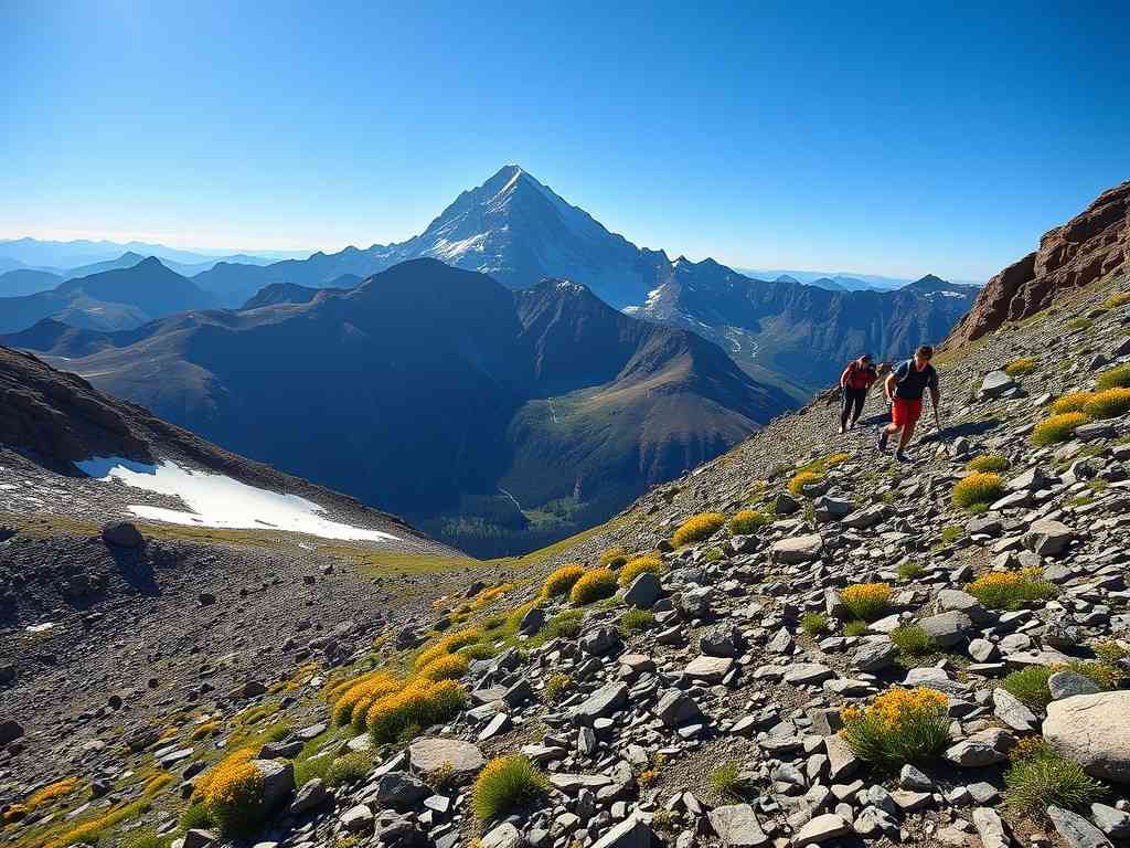 Hikers ascending Mount Bierstadt trail at Guanella Pass with a 14,000-foot peak and alpine wildflowers in Colorado.