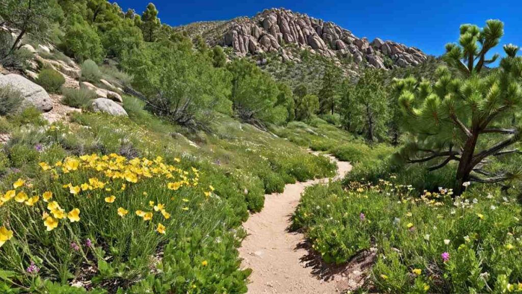 Mount Lemmon near Tucson with alpine forest trail, lush greenery, and panoramic mountain vistas under a clear blue sky.