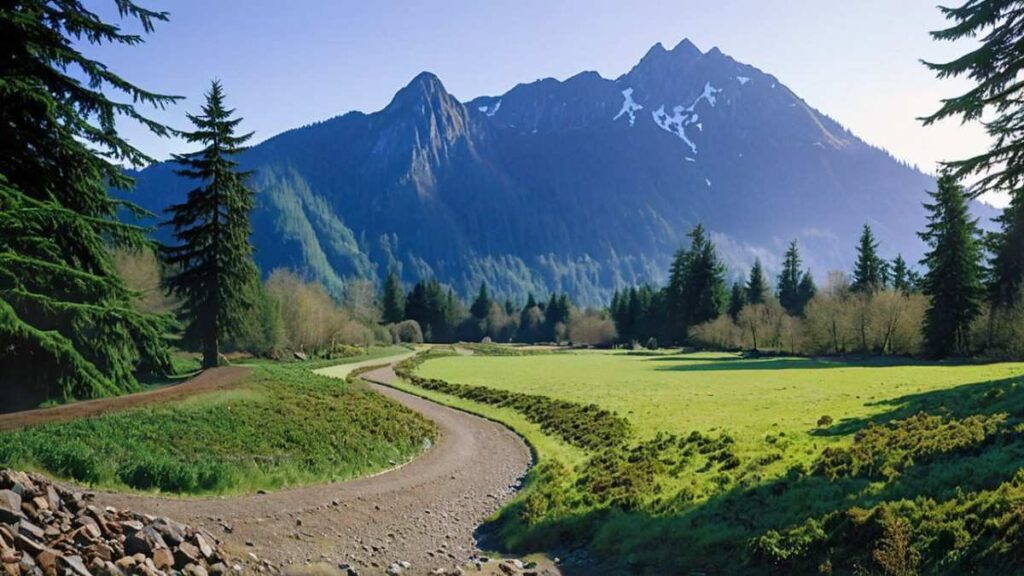 A scenic view along the Mount Si in Seattle Washington, showcasing rugged red rock formations, desert vegetation, and the vast natural beauty of the American Southwest under a clear blue sky.