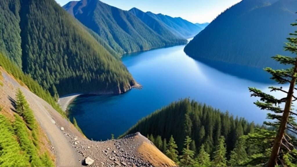 Mount Storm King hike in Olympic National Park with steep rocky trail, safety cables, and dramatic cliff-edge views over Lake Crescent
