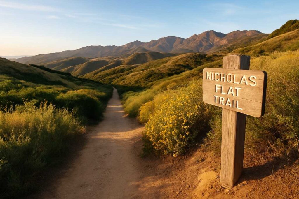 Hiker on Nicholas Flat Trail overlooking coastal cliffs, sandy beaches, and ocean in Leo Carrillo State Park.