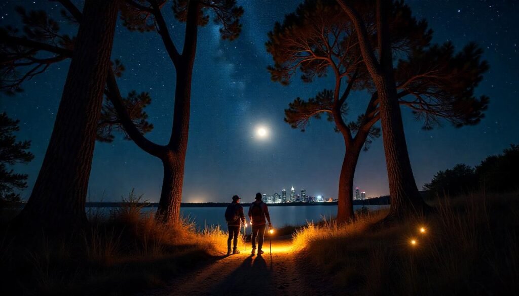 Hikers with LED headlamps on a misty Dallas forest trail under a starry sky and glowing city lights.