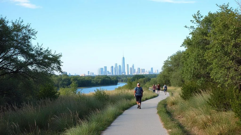 Urban hiking along the Trinity River Trails in North Texas with greenery and Dallas skyline.