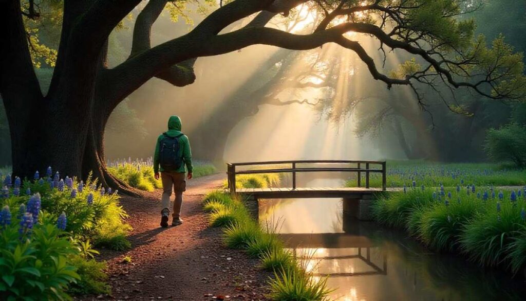Dawn mist and golden light on Oak Cliff Nature Preserve trail with oak trees, wildflowers, and a hiker on a footbridge.”