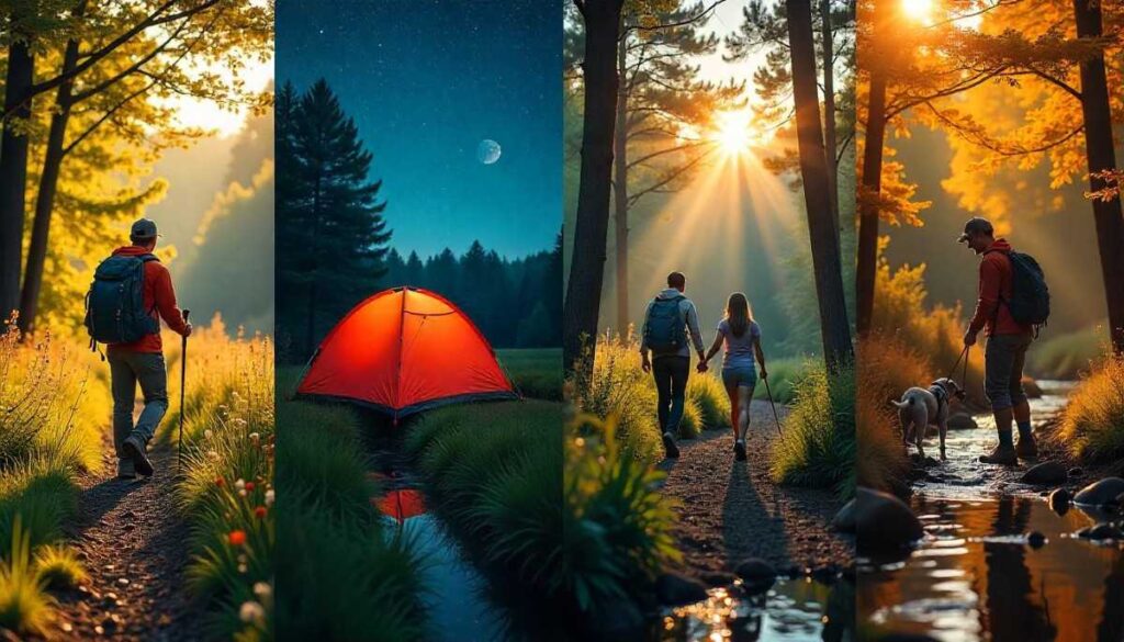 A panoramic scene of Ohio hiking: a day hiker on a woodland loop, an overnight backpacker by a creek at dusk, a family on a shaded forest trail, and a hiker with a dog crossing a footbridge.