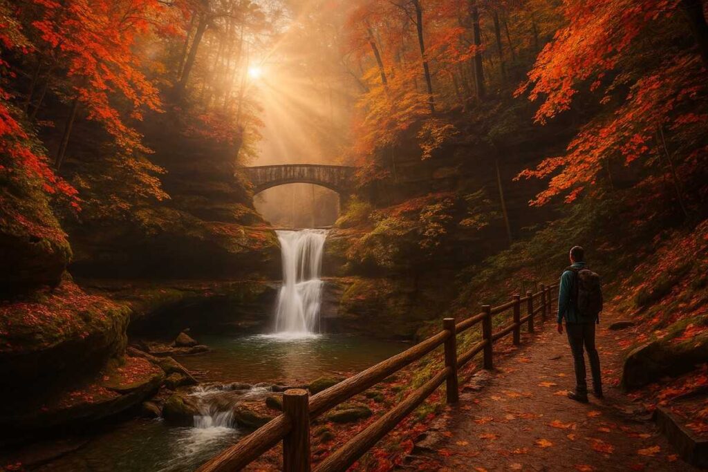 Hiking in Ohio at Old Man’s Cave waterfall gorge with autumn foliage at sunrise