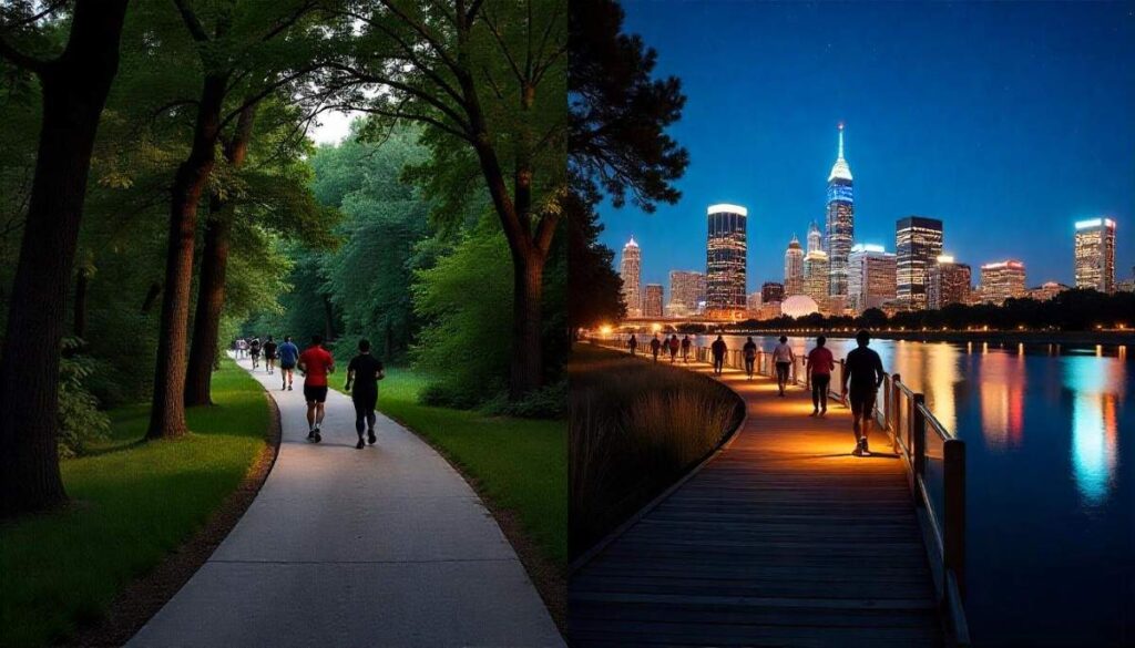 Daytime urban hike in Trinity Forest and night hike under Dallas skyline with headlamps.