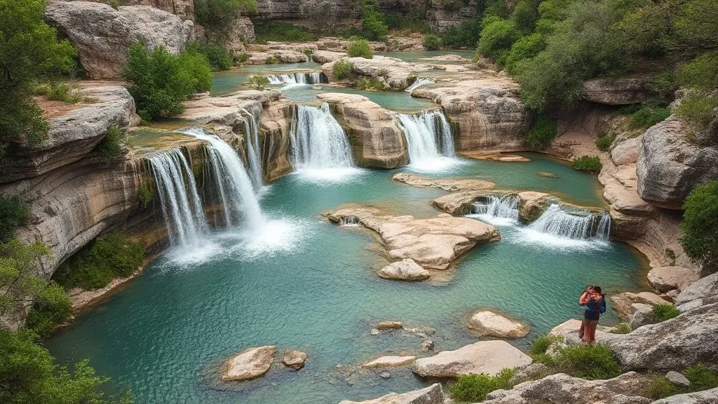 Pedernales Falls with cascading water and hikers enjoying waterfall views in Texas.