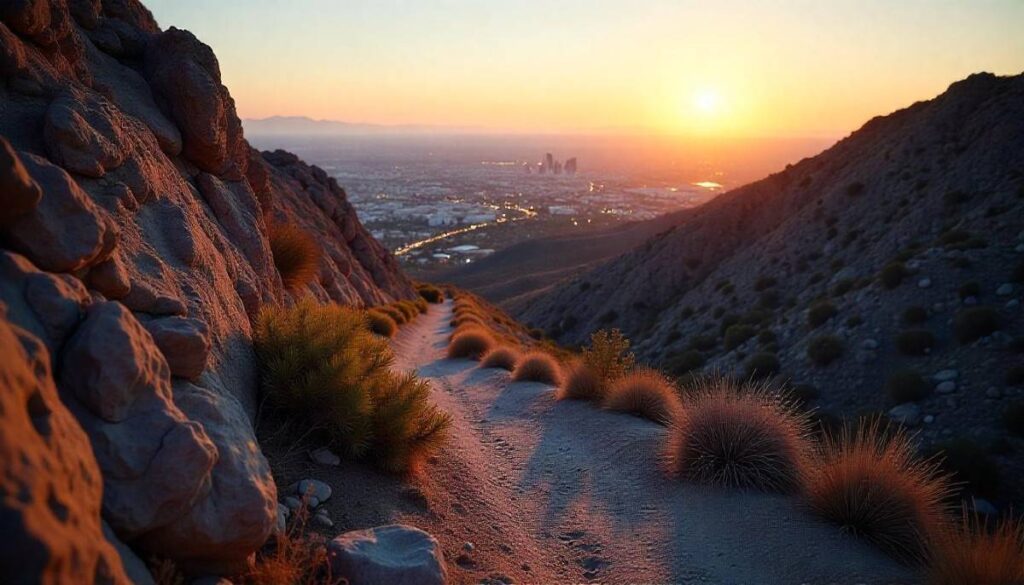 Piestewa Peak urban hike in Phoenix with rugged rocky trail and panoramic desert-city skyline at sunrise.