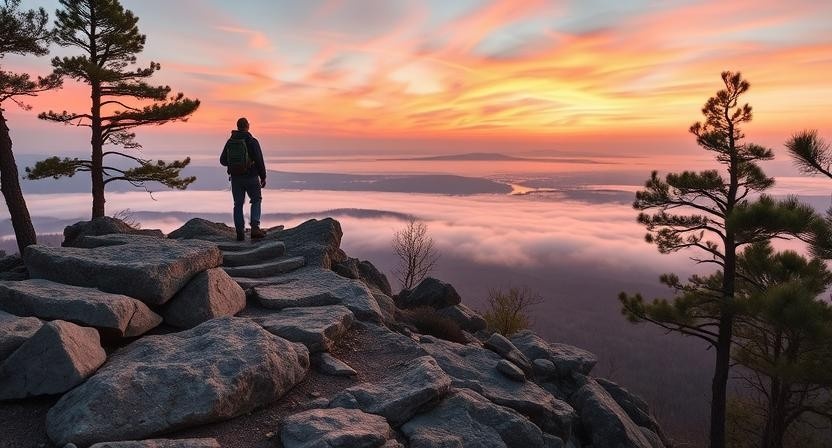 Hiking in Arkansas at Pinnacle Mountain West Summit Trail at sunrise with panoramic valley views