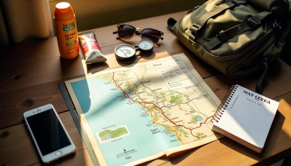 Hiking boots, San Diego trail map, hydration pack, and gear laid out for planning San Diego hikes.