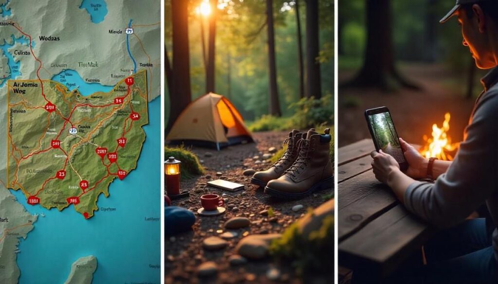 Composite planning image for hiking in Ohio showing a detailed Ohio trail map, a forest campsite by a creek, essential hiking gear laid out, and a hiker using a smartphone for weekend trip planning.