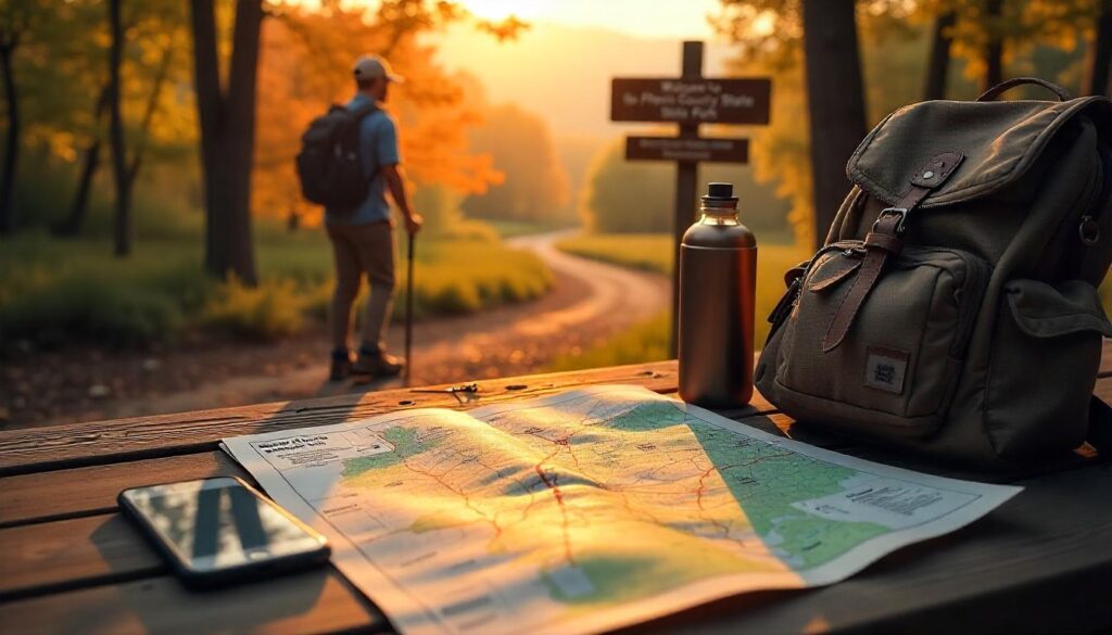 Hiker planning an Indiana hiking adventure with maps, smartphone GPS, gear checklist, and trailhead sign in a dawn forest setting