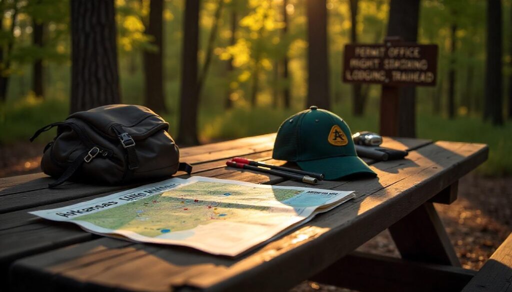 Planning your hiking in Arkansas with maps, permits and gear on a forest picnic table