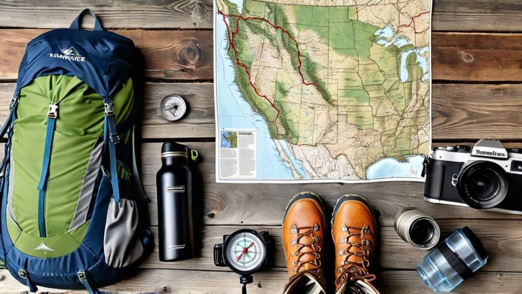 Flat-lay of hiking trip essentials including a Washington map, boots, compass, and gear for planning a hiking adventure in Washington State