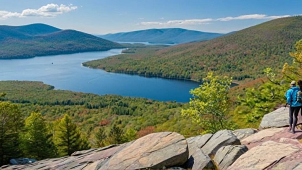 Two hikers on the granite ledges of Pleasant Mountain’s Ledges Trail with forested peaks below