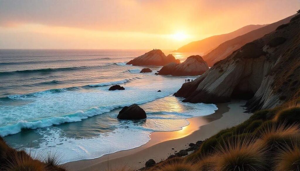 Hikers at Point Dume Cove Trail’s bluff overlooking crashing waves and sea stacks at sunset.