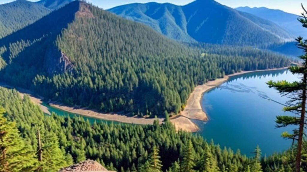 A scenic view along the Rattlesnake Ledge near Seattle Washington, showcasing rugged red rock formations, desert vegetation, and the vast natural beauty of the American Southwest under a clear blue sky.