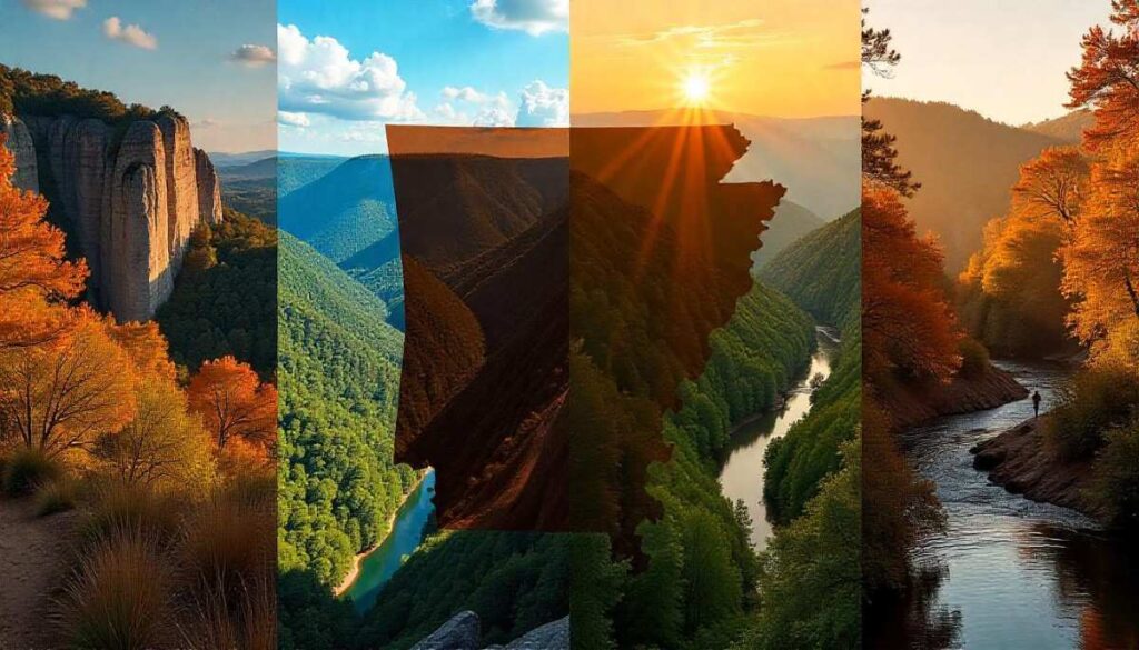 Map collage of Arkansas hiking regions from Ozarks to Hot Springs and Little Rock