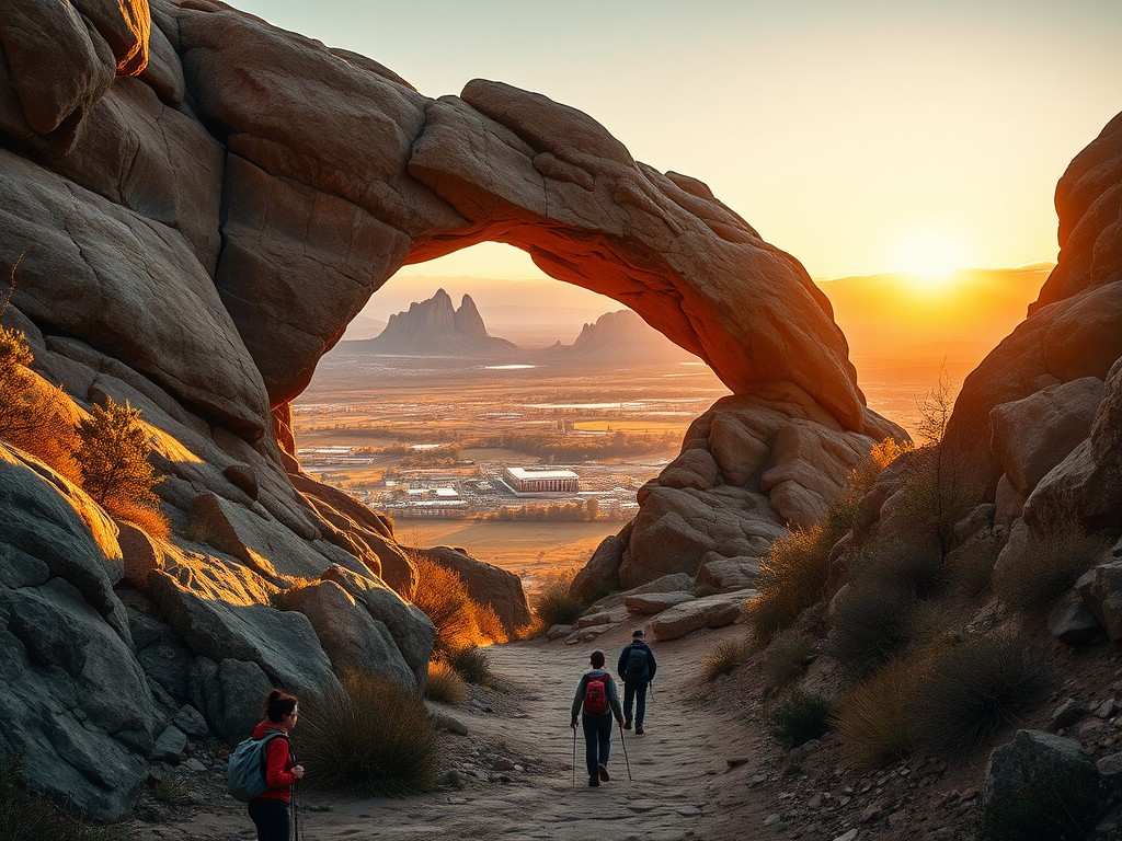 Royal Arch Trail with a natural stone arch and panoramic Boulder city views during golden hour in Colorado.