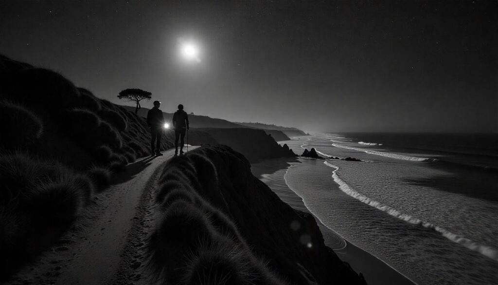 Hikers with headlamps on a moonlit coastal cliff trail under a starry sky near San Diego.