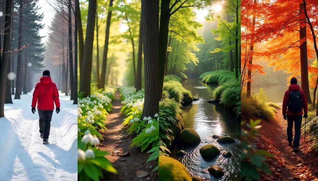 Four‑panel collage of Indiana seasonal hikes: snowy winter, spring wildflowers, summer lakeside, and fall foliage trails