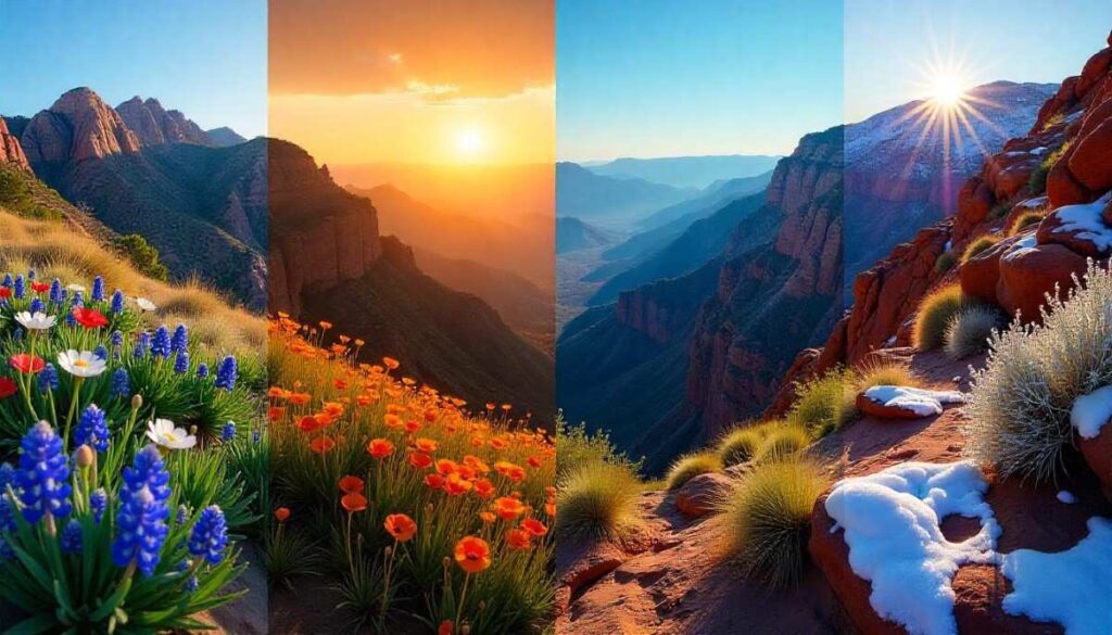 Seasonal hiking in Arizona showing spring wildflowers, summer mountain ridges, fall red rock canyons, and winter snow‑dusted trails