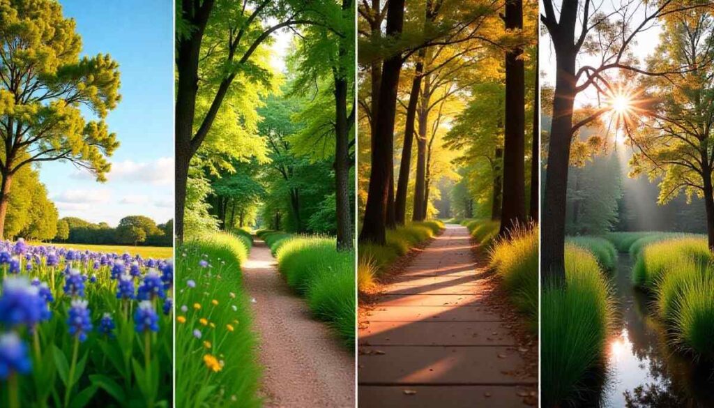 Four-season collage of Dallas hiking: spring wildflowers, summer shade, autumn foliage, and winter mist.