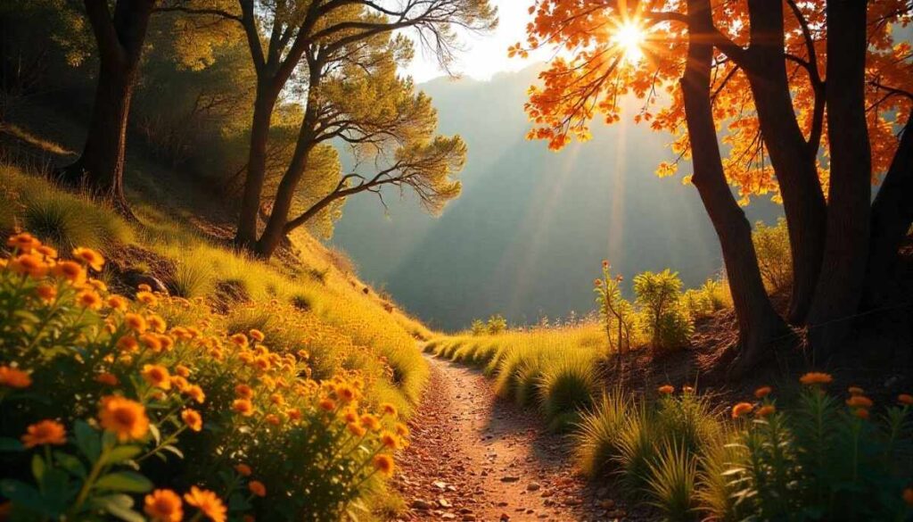 Seasonal hiking conditions in Malibu showcasing spring wildflowers, summer shade, fall canyon colors, and winter rains.
