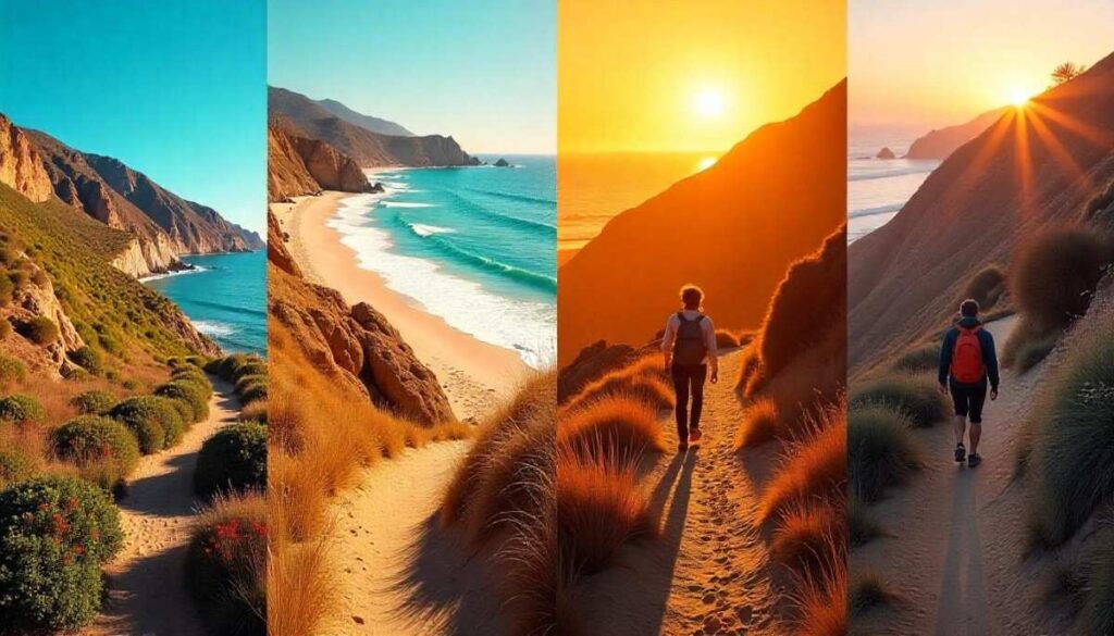 Four-season collage of San Diego hiking: spring wildflowers, summer beach, autumn summit, and winter canyon.