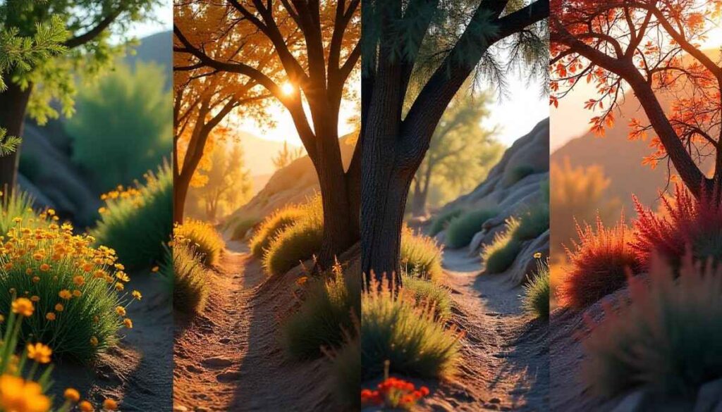 Seasonal hiking scenes in Scottsdale Arizona featuring spring blooms, summer shade, autumn colors, and winter trails.