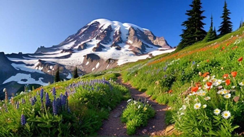 Skyline Trail on Mount Rainier with wildflower meadows, rocky outcrops, and a majestic, misty Mount Rainier in the background