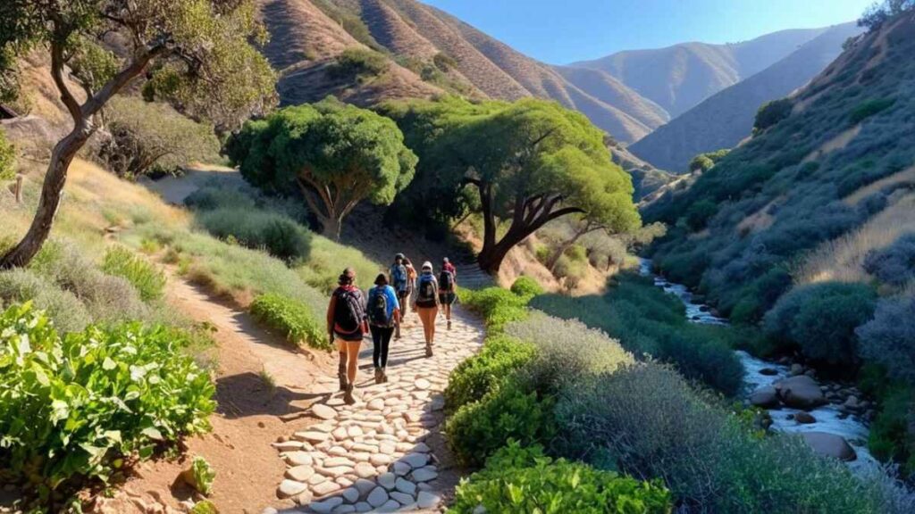 Golden-hour Solstice Canyon Loop Trail with stone ranch ruins, stream crossings, and oak canopy.