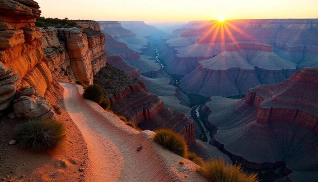 South Kaibab Trail in Grand Canyon with rugged descent, expansive canyon views, and vibrant rock layers.