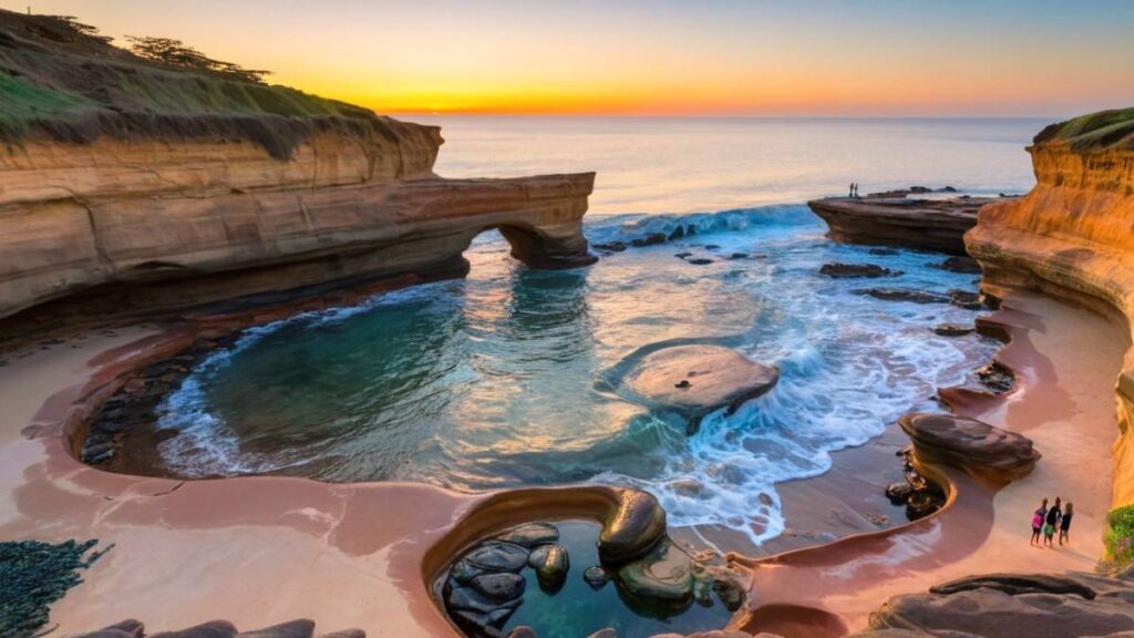 Family walking a paved bluff-top path at Sunset Cliffs at dusk, children pointing at tidepools below, sandstone arches glowing orange in the sunset, gentle ocean waves lapping the rocky shore, pastel sky reflected in shallow pools.