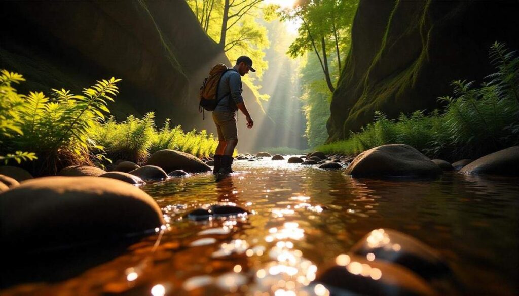 Hiking in Arkansas on Sylamore Creek Trail with clear creek and mossy bluffs