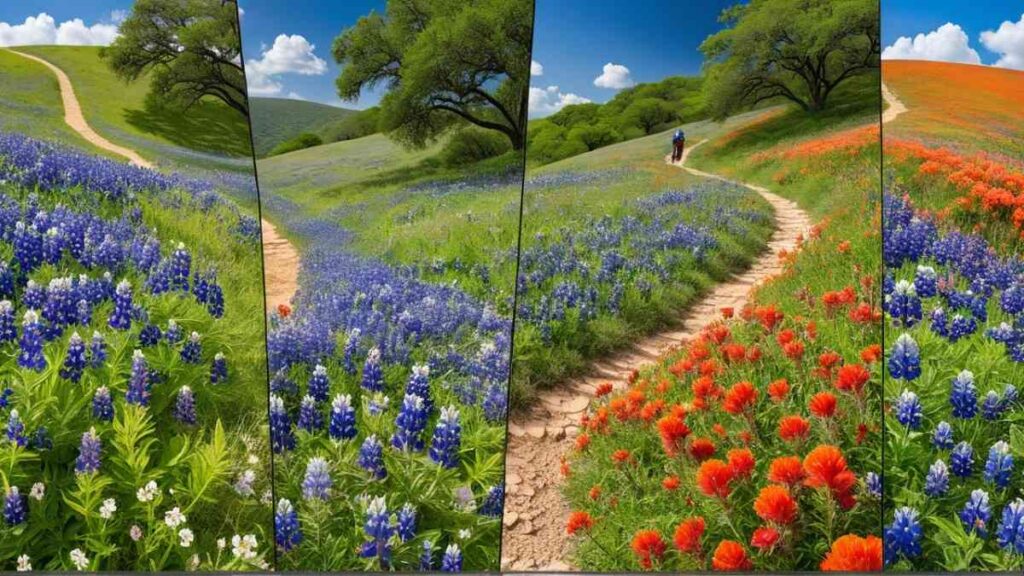 Hiking through the seasons in Texas with trails showing spring wildflowers, summer mountains, fall foliage, and winter forests in a split-scene landscape.