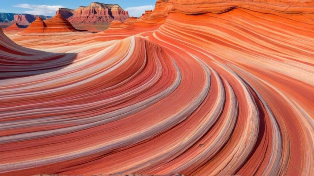 The Wave in Arizona with surreal undulating rock formations, vibrant desert colors, and a solitary hiker at sunrise.