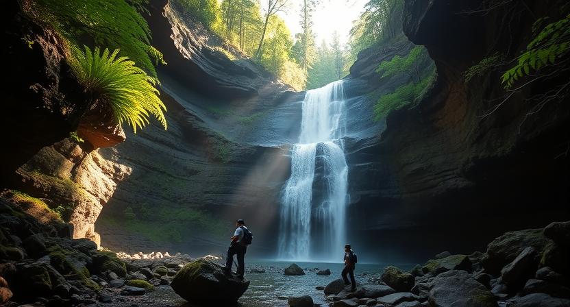 Series of three cascading waterfalls in a shaded forest canyon, each tier framed by rocky ledges and ferns, hikers perched on boulders near the bottom pool, sunbeam breaking through the canopy, sense of secluded wilderness.