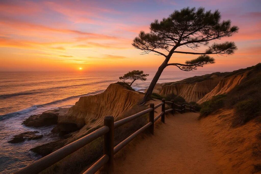 View of Torrey Pines Coastal Trail at golden hour with sandstone cliffs and Pacific waves