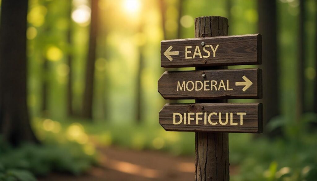Wooden signpost showing different hiking trail difficulty levels at a forest junction.