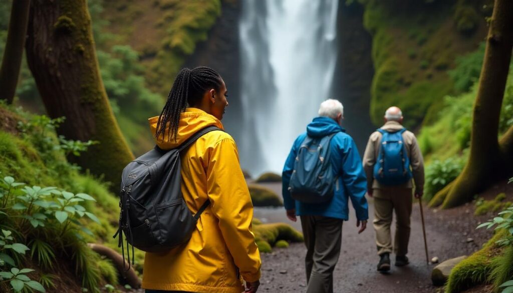 Hikers on Trail of Ten Falls with lush forest and cascading waterfall
