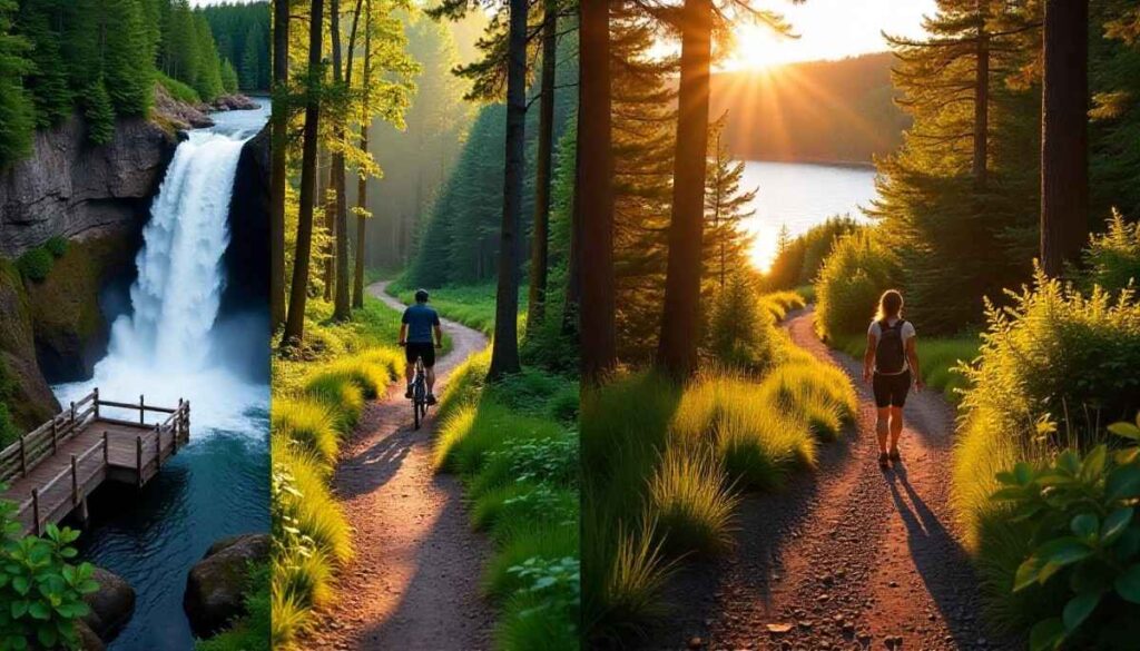 Montage of waterfall, rail‑trail, coastal bluff, and shaded woodland hiking types in Maine