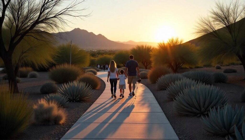 Urban and suburban hiking trail in Arizona with desert landscaping and city skyline at sunset