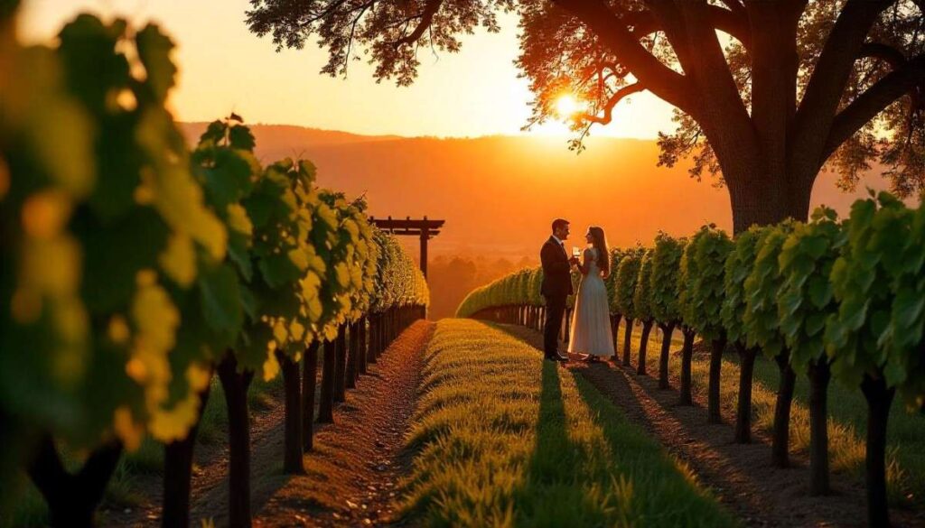 Couple toasting under pergola at vineyard edge with grapevines and oak silhouettes in Dallas.