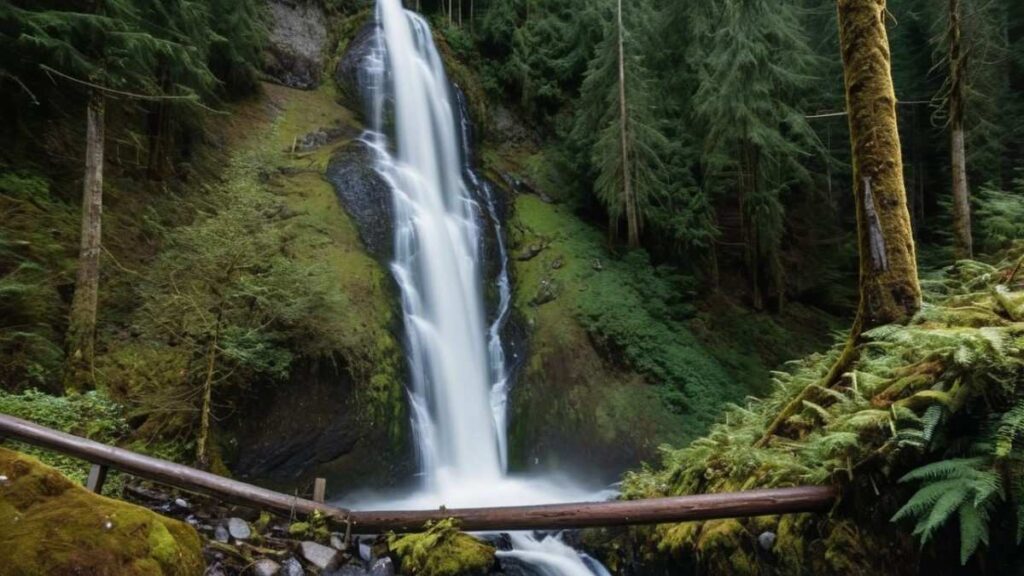 A scenic view along the Wallace Falls in Seattle Washington, showcasing rugged red rock formations, desert vegetation, and the vast natural beauty of the American Southwest under a clear blue sky.