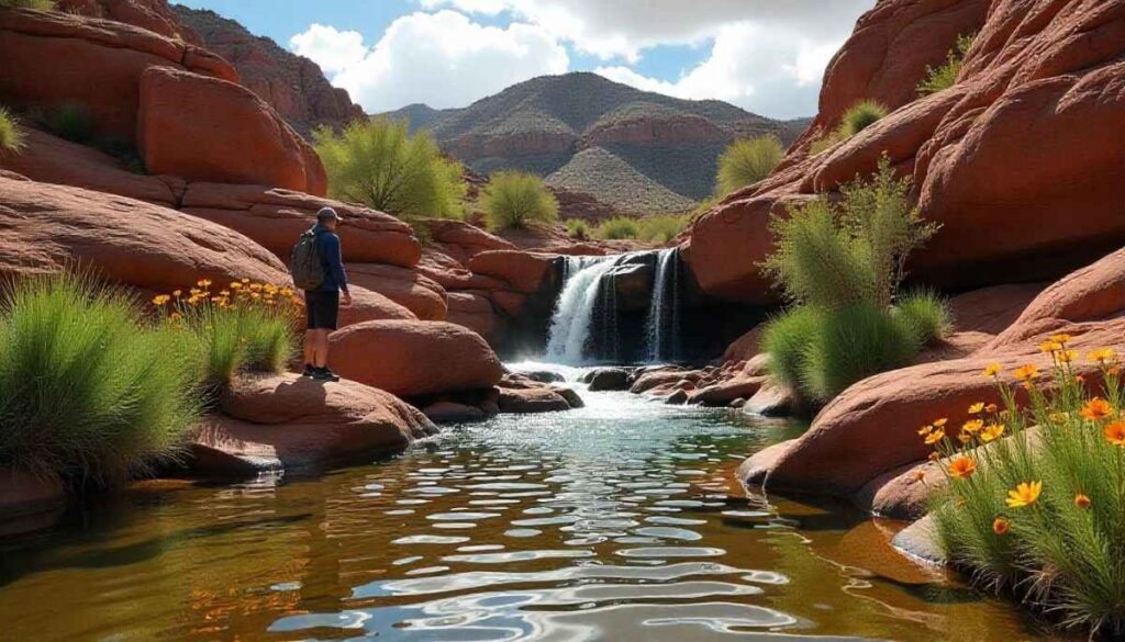 Desert waterfall surrounded by lush greenery along a hiking trail near Scottsdale, Arizona.