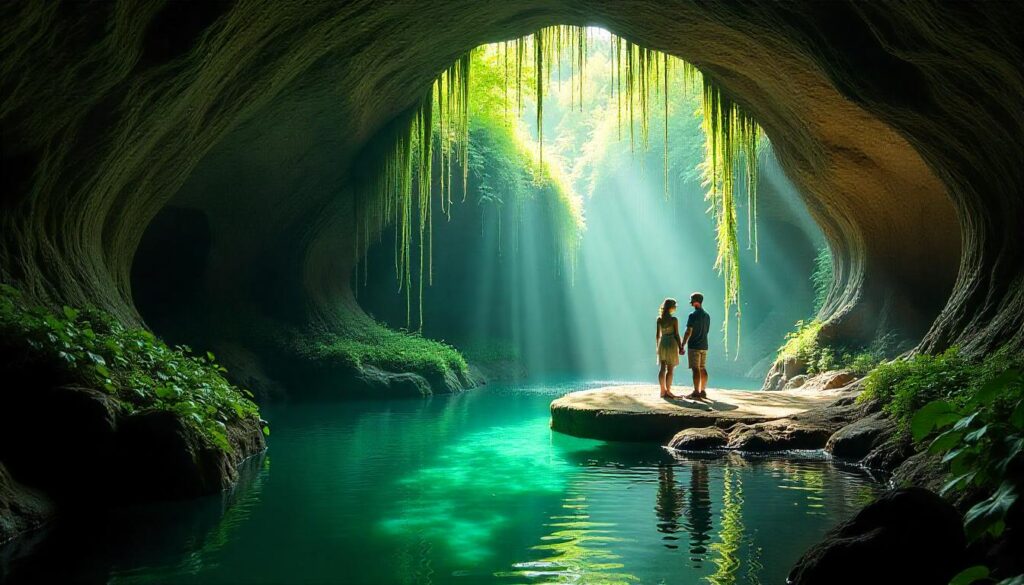 Westcave Preserve waterfall grotto surrounded by lush greenery and natural rock walls.