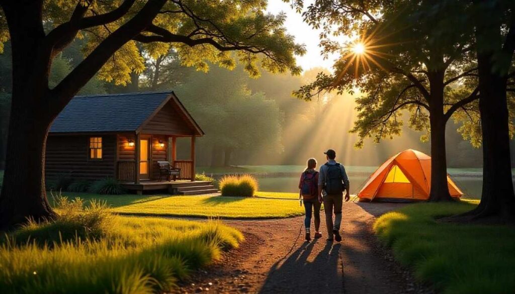 Cabin, hotel, and glamping tents overlooking Dallas hiking trails at sunrise for hikers’ lodging.