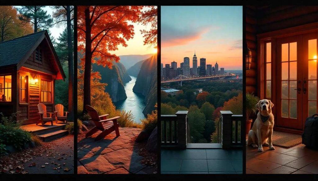Panoramic lodging montage for Ohio hiking: rustic cabin in Hocking Hills, riverside B&B at Mohican State Park, boutique hotel near Cincinnati skyline, and pet‑friendly inn in Columbus.